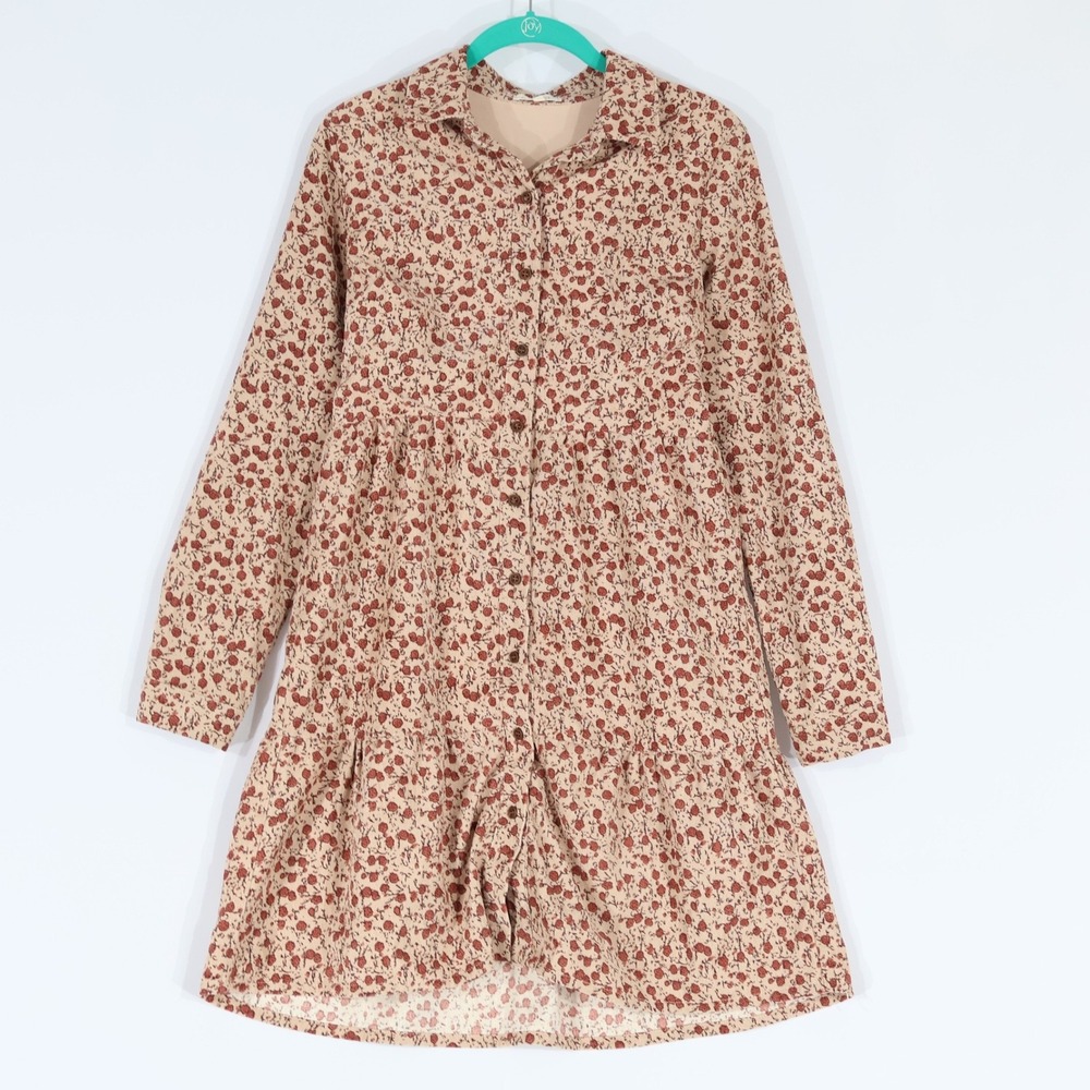 Roolee Corduroy Floral Tiered Mini Dress Womens S Tan Boho Cottage Twee Retro